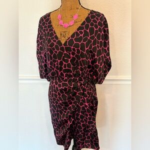 Michael Kors Pink & Black Giraffe Printed Faux Wrap ‘Date Night’ Dress LARGE